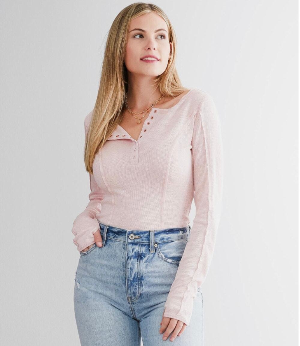 Free People Intimately Sloane Bodysuit Pink Nectar Knit WMN XS Henley Snap Scoop